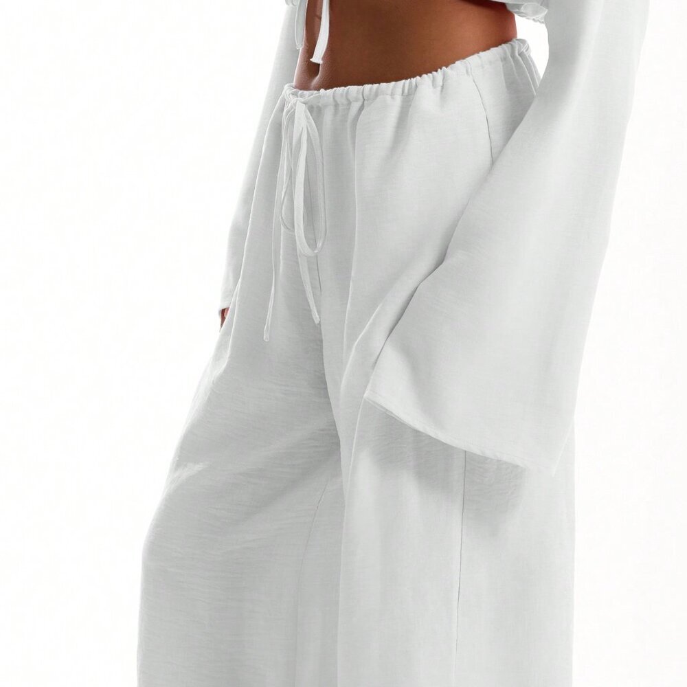 White Boho Elegant Women's Beach Trousers - Picture 5 of 5